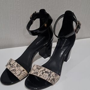 Calvin Klein Black Patent Block Heels with Snake-Print Straps